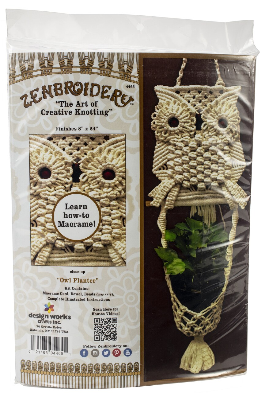 Design Works/Zenbroidery Macrame Wall Hanging Kit 8"X24"-Owl Planter
